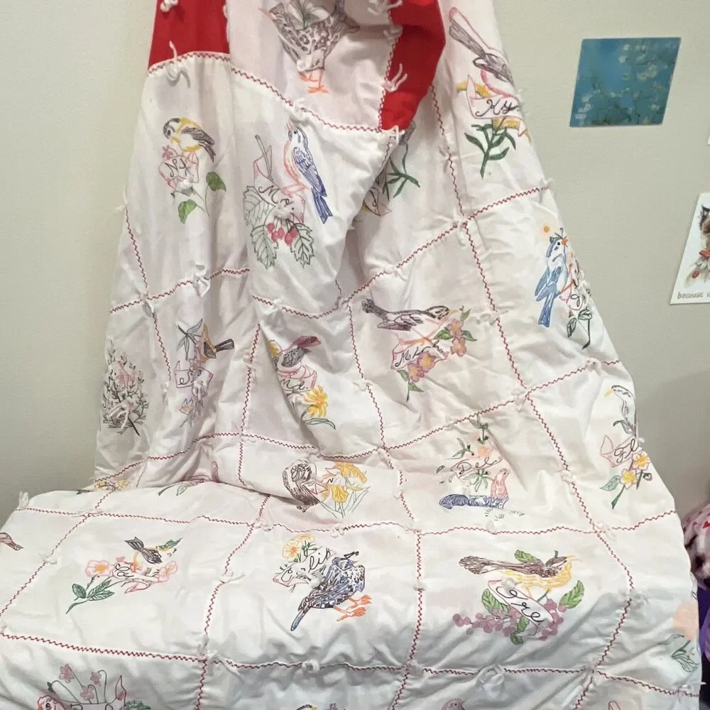 VTG Quilt White Red Multicolor Patchwork Floral Birds State Flowers Rectangular